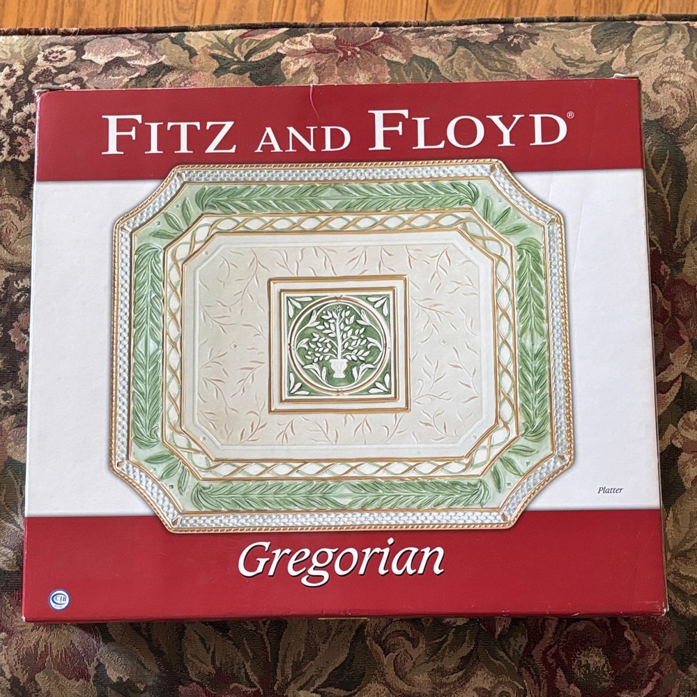 Fitz and Floyd Green Gold Cream Gregorian 13x16 Platter in Box